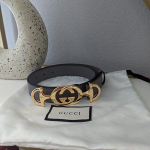 Gucci Zumi Interlocking Horsebit Leather Belt Size 80